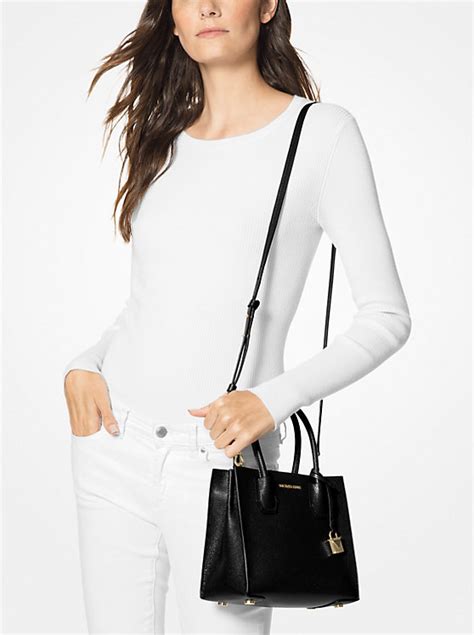 michael kors mercer gallery medium pebbled leather letter sachelg|Michael Kors leather satchel.